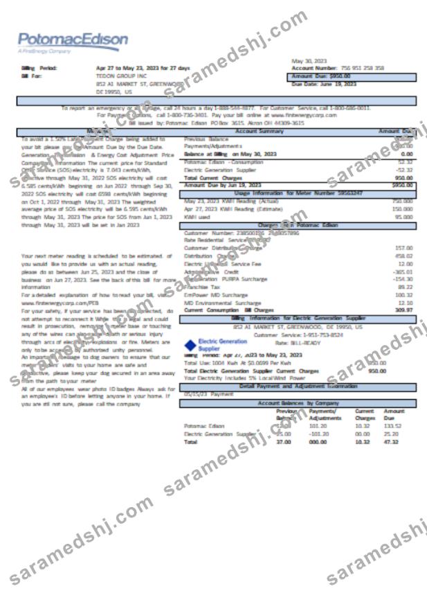 Potomac Edison utility business bill, page 1, SCR
